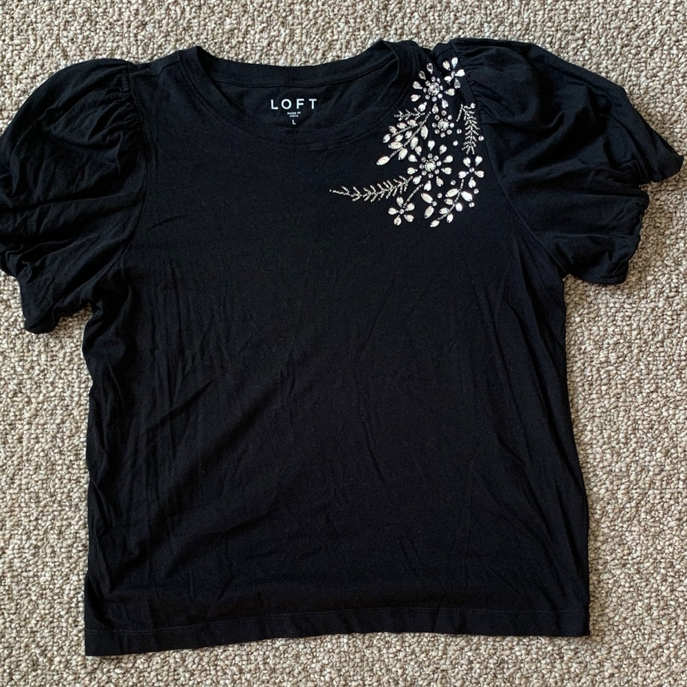 LOFT Black Puff Sleeve Top with Embellishments